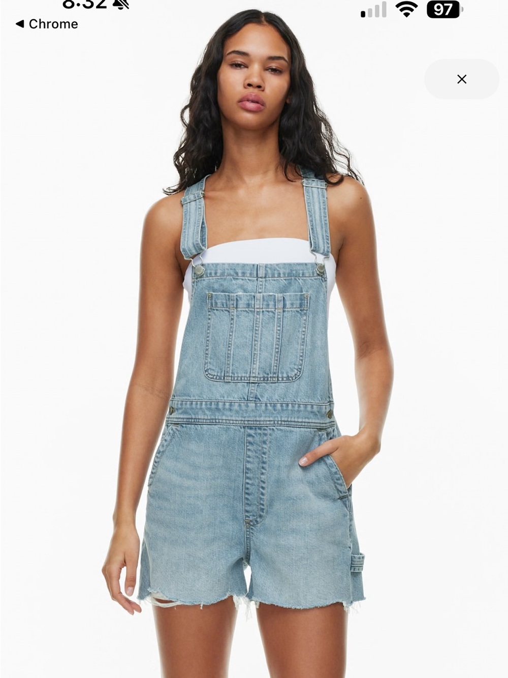 Denim Forum light wash denim shortall with a frayed hem